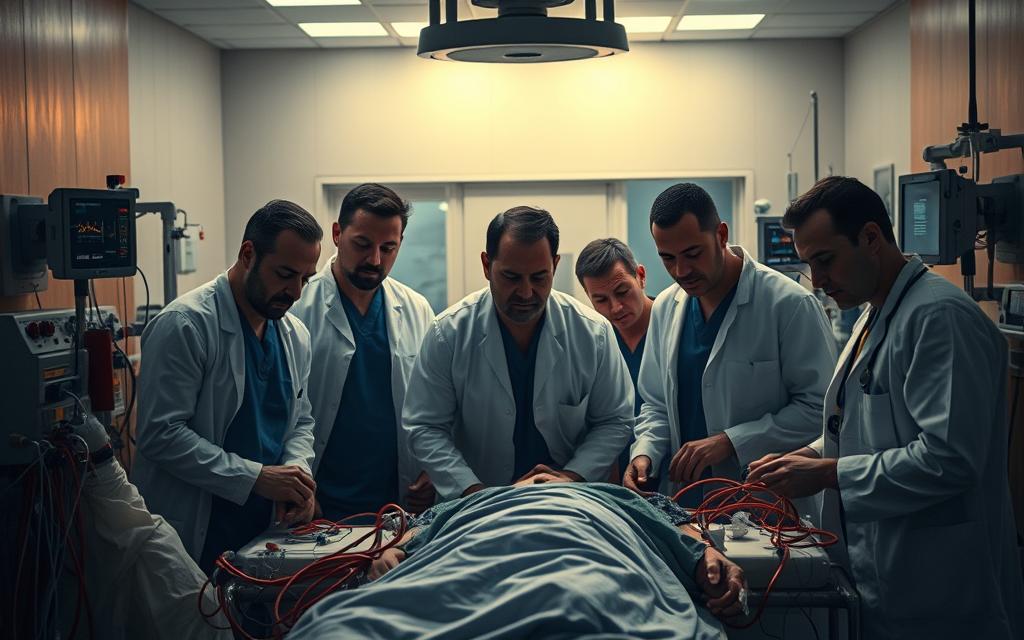 A Dimly Lit Hospital Room, The Air Thick With The Scent Of Antiseptic. In The Foreground, A Team Of Medical Professionals Huddled Around A Patient, Faces Set With Grim Determination. Crisp White Coats And Blue Scrubs Contrast With The Red Emergency Equipment, As They Administer Life-Saving Interventions. The Middle Ground Reveals A Tangle Of Wires And Tubes, Monitors Flickering With Vital Signs. In The Background, The Muted Hum Of Machinery And The Rhythmic Beeping Of Medical Devices Set The Somber Tone. Soft, Diffused Lighting Casts A Warm Glow, Lending An Air Of Urgency And Focus To The Scene. This Tableau Captures The Essence Of Emergency Medical Care, The Trained Professionals Fighting To Preserve Life In The Face Of Crisis.