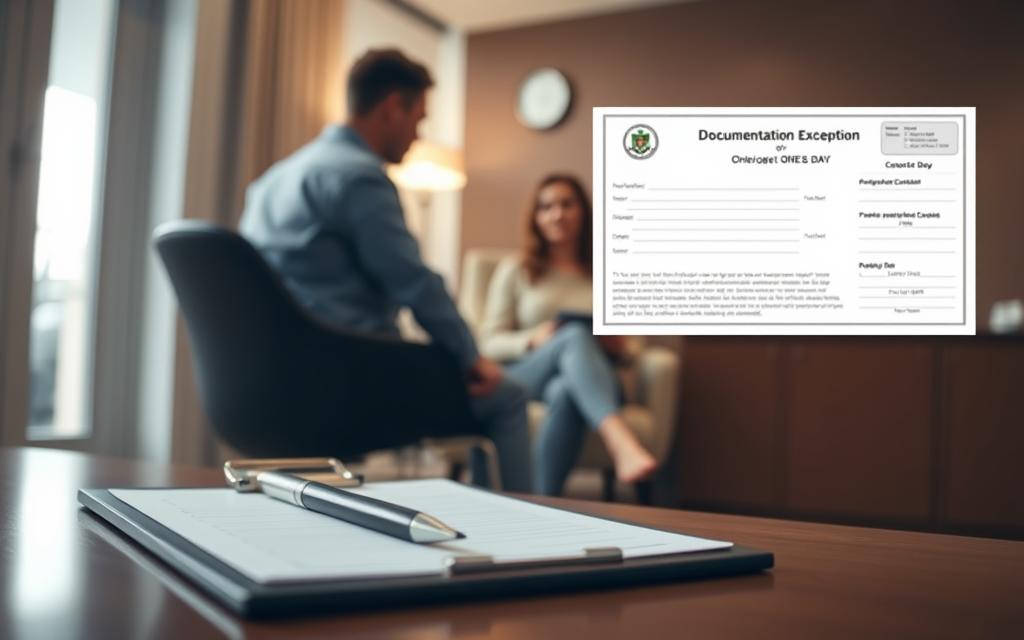A Doctor'S Office Interior, With A Clipboard And Pen On A Desk In The Foreground. In The Middle Ground, A Patient Sitting In A Chair, Discussing A Medical Issue With A Physician. The Background Showcases A Medical Certificate Or Form, The Focal Point, Highlighting The &Quot;One Day&Quot; Documentation Exception. The Lighting Is Warm And Soothing, Conveying A Sense Of Professionalism And Care. The Composition Uses A Shallow Depth Of Field, Drawing The Viewer'S Attention To The Key Details. The Overall Mood Is One Of Understanding And Attention To The Patient'S Needs.